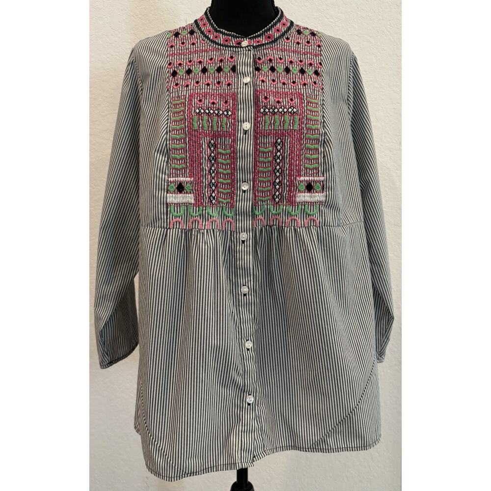 Crown & Ivy Embroidered Striped Button Down Top Size 1X